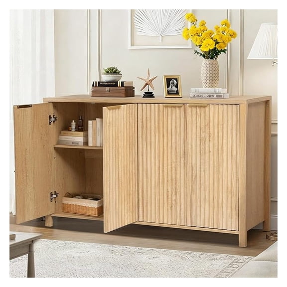 Fluted Sideboard Buffet Cabinet with Storage, 55" Large Accent Cabinet Credenza W/4 Doors & Adjustable Shelves, Wood Console Bar Table for Living Dining Room Kitchen Entryway (Burlywood)