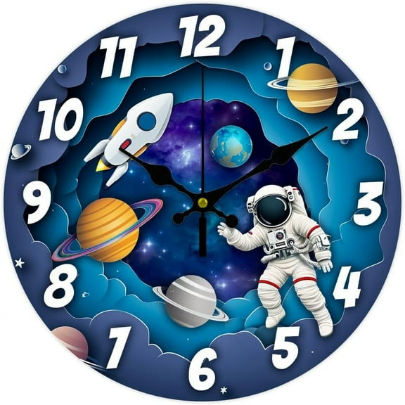 12inch Astronaut Space Wall Clock Battery Operated Wall Clock for Living Room Silent Non Ticking Spaceman Kitchen Clock Round Decorative Clock for Home Bedroom Office Mixed Color