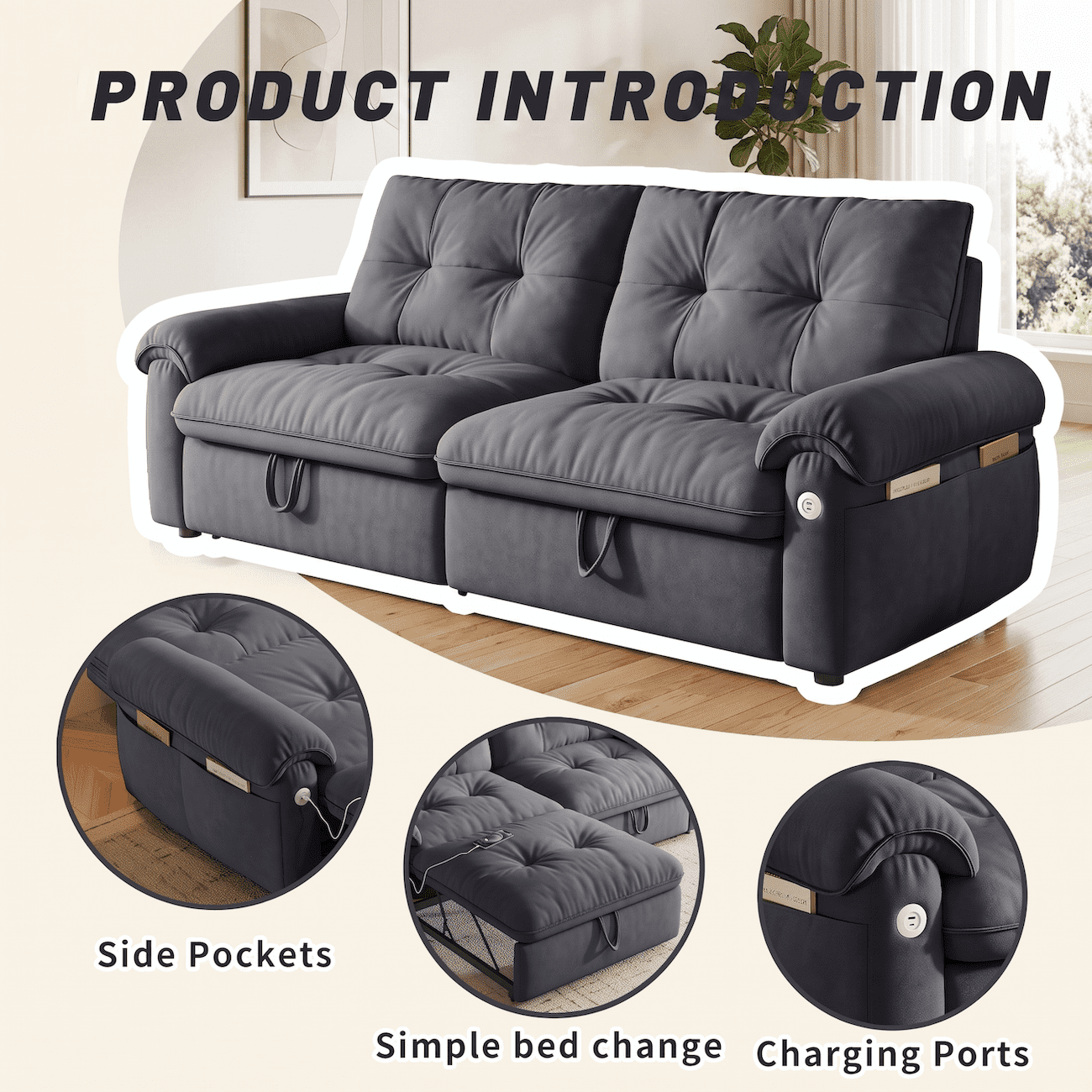 Xiweot Convertible Sleeper Sofa Bed, 77" Queen Size Pull Out Couch with Side Pocket, Adjustable Backrest & USB Ports, Comfy Velvet Loveseat for Living Room Apartment Small Space (Gray)
