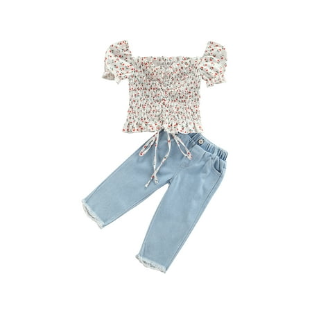 

TheFound Summer Kids Girls Sweet Clothes Short Puff Sleeve Off Shoulder Flowers Printed T Shirts Long Denim Pants Sets