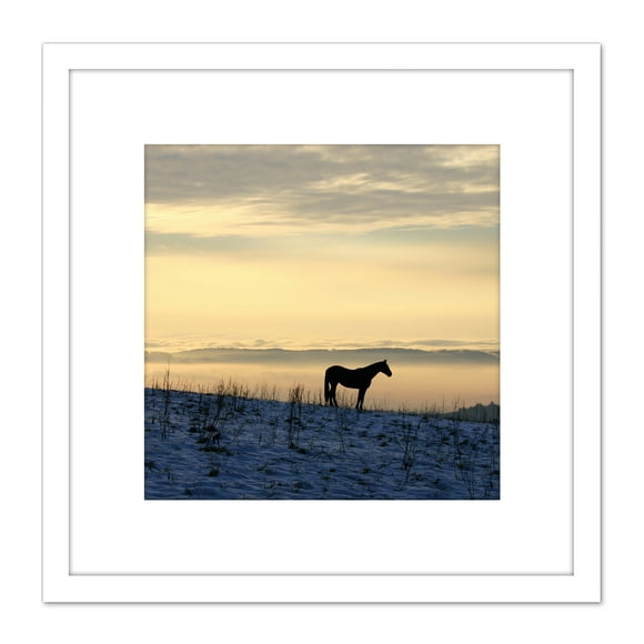 Kreiger Horse Silhouette Gehrenberg Landscape Photo 8X8 Inch Square Wooden Framed Wall Art Print Picture with Mount