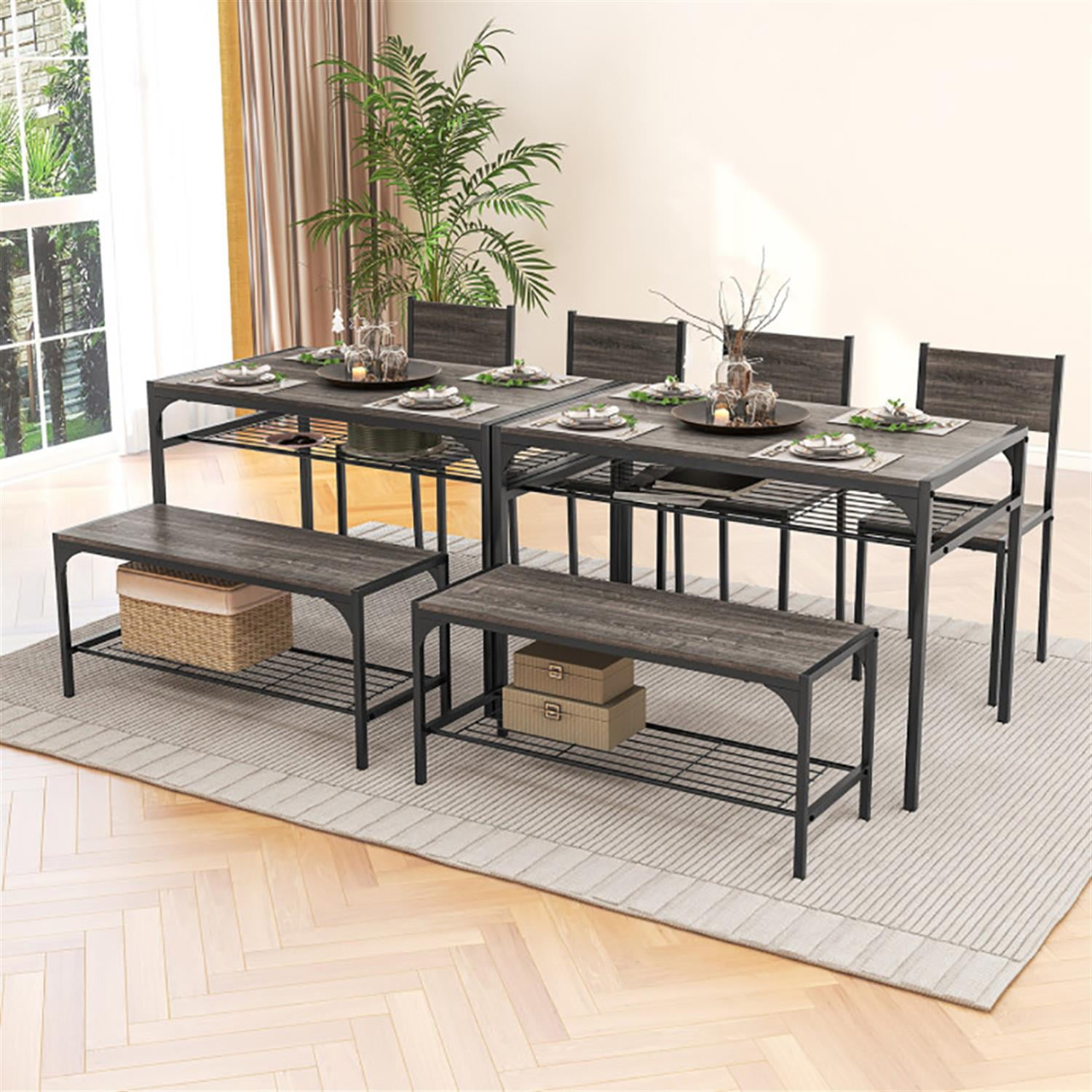 Demi Bonn 4-Piece Dining Table Set with Bench and 2 Chairs, 43"dustrial Kitchen Table with Metal Frame and Storage Rack, Perfect for Small Space, Gray