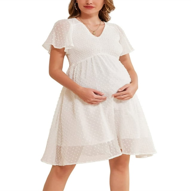 MesaSe Robe de Maternité à Manches Courtes pour Femmes, Col en V, Taille Haute, Robes de Photographie de Grossesse