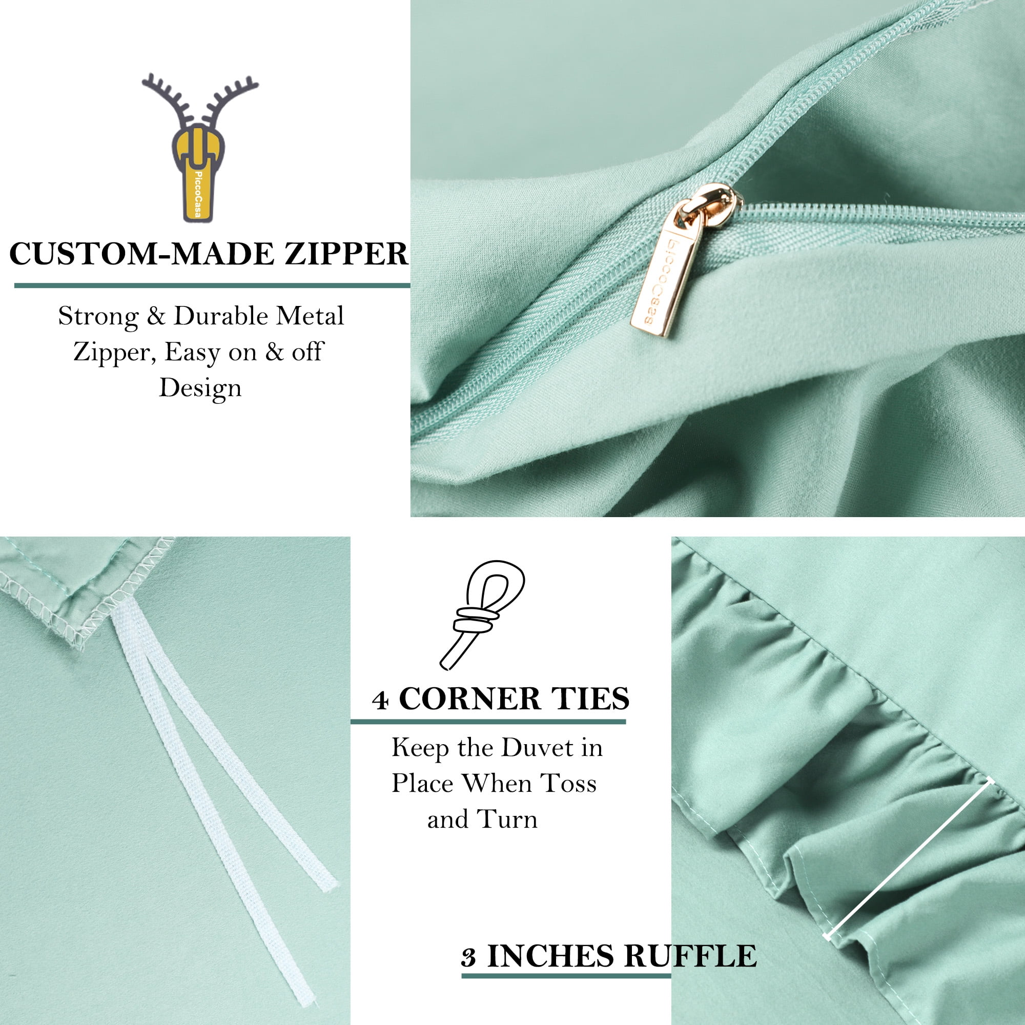 Unique Bargains 110GSM 3 Pieces Ruffle Brushed Duvet Cover Sets Queen Sage Green