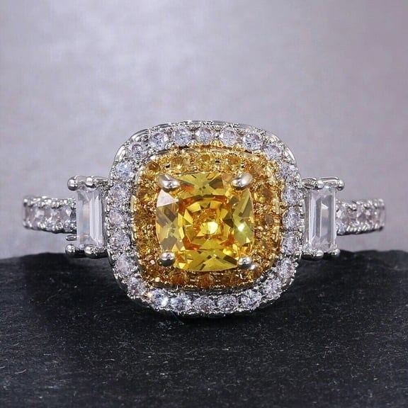 Divine_creation 2.20 Ctw Cushion Cut Yellow Citrine Womens Engagement Ring 14K White Gold Plated 925 Sterling Silver -9