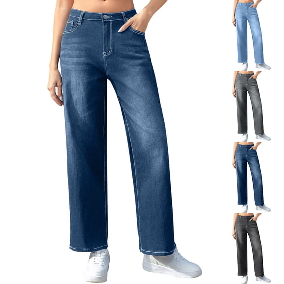 Hfnxid Wide Leg Jeans for Women High Waist Lounge Jeans Stretchy Straight Leg Denim Pants Summer Trendy Loose Fit Casual Trousers Gray S