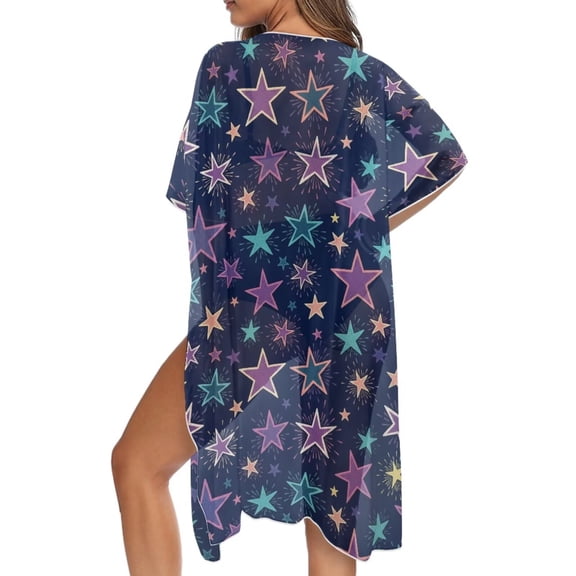 FKELYI Womens Swimsuit Cover Up Summer Cardigans Open Front Beach Kimono Coverup Half Sleeve Beachwear Vintage Star Print Comfy Casual Outfits Resort Wear