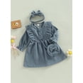 thumbnail image 3 of Arvbitana Toddler Baby Girls Ruffle Dress Clothes Long Sleeve Round Neck Corduroy Dresses + Headband + Bag 3Pcs Outfits Blue, 3 of 8