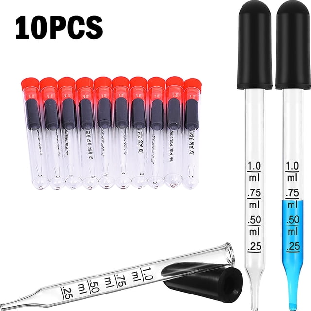 1ML Glass Graduated Dropper with Rubber Drip Tube Cap Straight Drip Tube Dropping Pipette for Laboratory Painting, 10pcs