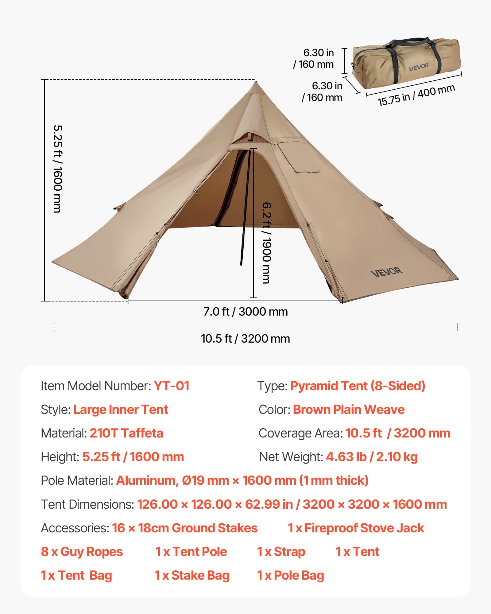 VEVOR Hot Tent for 2 Persons, Portable Winter Tipi Tent with Stove Jack, Waterproof Camping Tents, Lightweight 4 Season Shelter Tents for Hiking Fishing Backpacking, S Size