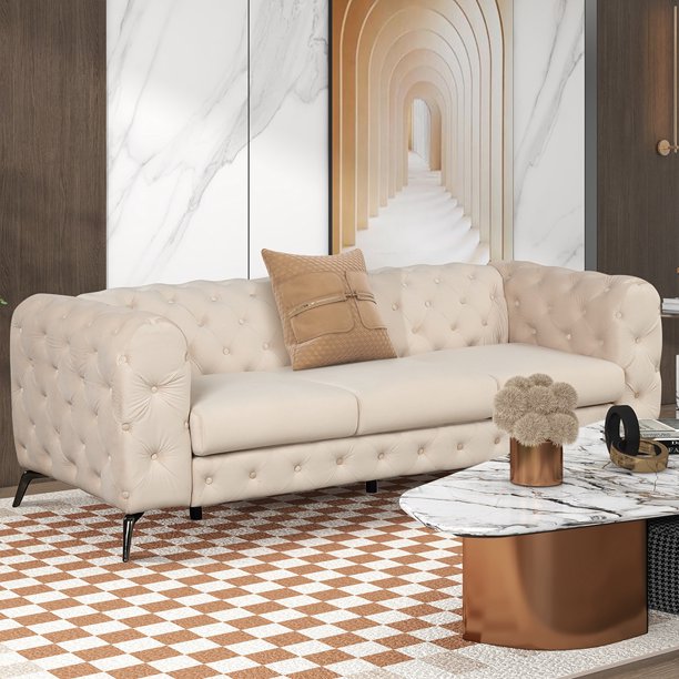 Beige Velvet Sofa, 3Seater Velvet Upholstered Sofa, KAMIDA MidCentury