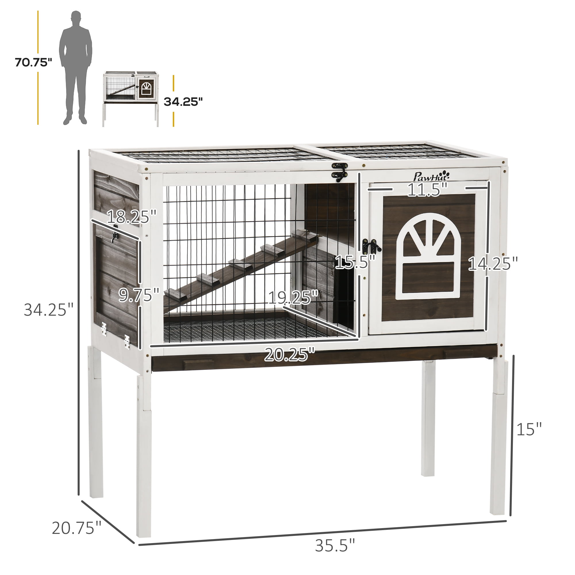 Witaxima Wooden Rabbit Hutch Indoor Elevated Guinea Pig Cage with Run, Ladder, Lockable Doors & Removable Tray, 35.5" L x 20.75" W x 34.25" H, Brown