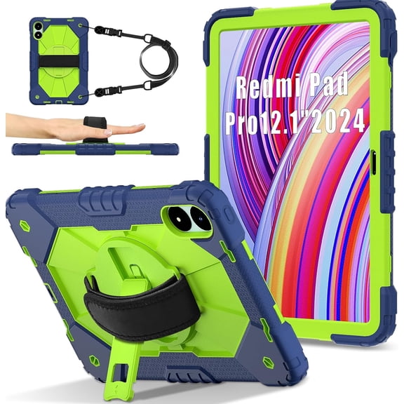 SOATUTO Case for Xiaomi Redmi Pad Pro 12.1"/Xiaomi Poco Pad 12.1", Shockproof Protective Tablet Case with Kickstand/Hand Strap/Rotating Stand/Shoulder Strap (Navy Blue/Green)