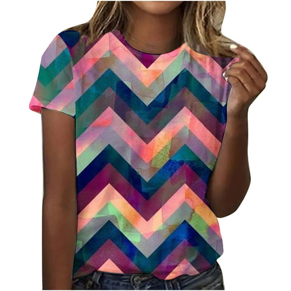 Womens Leopard Color Block Tops Summer Cute Striped Short Sleeve Tshirts Casual Comfy Round Neck Tee Shirts