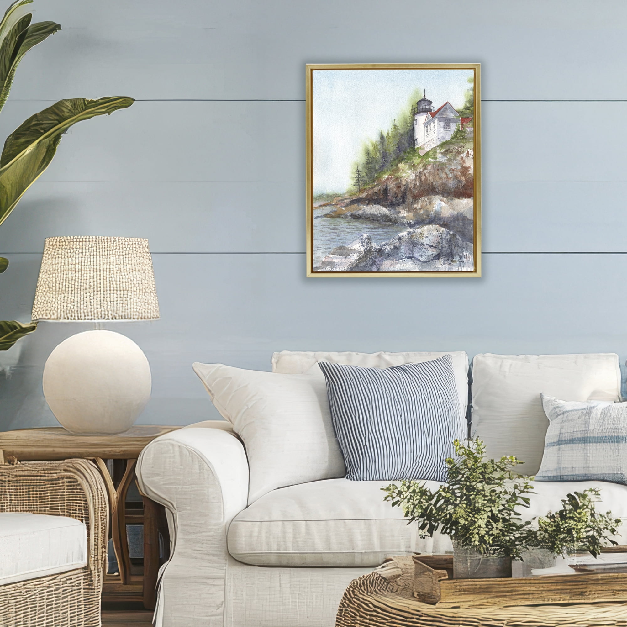 Stupell Industries Bass Harbor Lighthouse Gold Framed Floater Canvas Wall Art, design by Patti Bishop
