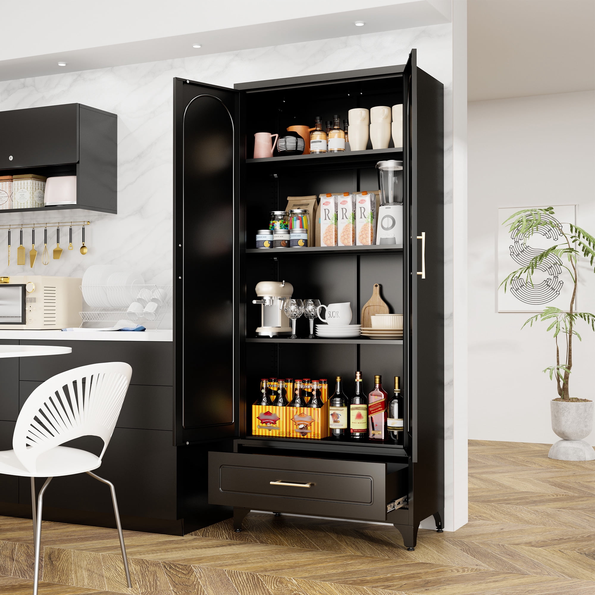 Polup 75" H Metal Black Kitchen Pantry Storage Cabinets with Drawers, Doors and Shelves, Steel Large Cupboard