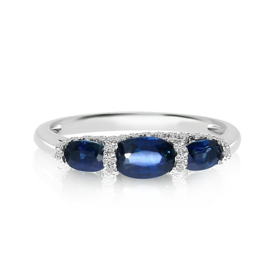 14k White Gold 3 Stone Oval Sapphire and Diamond Ring