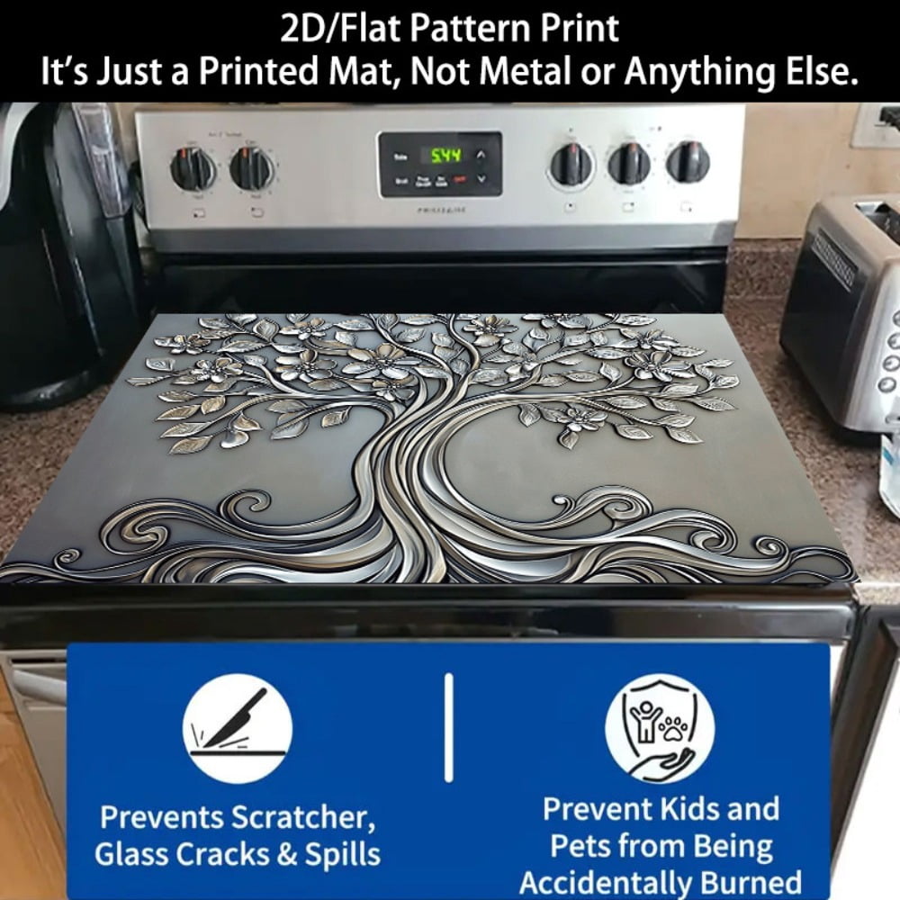 1 2D/flat stove cover protection pad, embossed with floral root tree pattern design, 28.3x20.5 inches (72×52cm), easy to clean, perfectly suitable for any kitchen, washing machine, dryer, stove panel