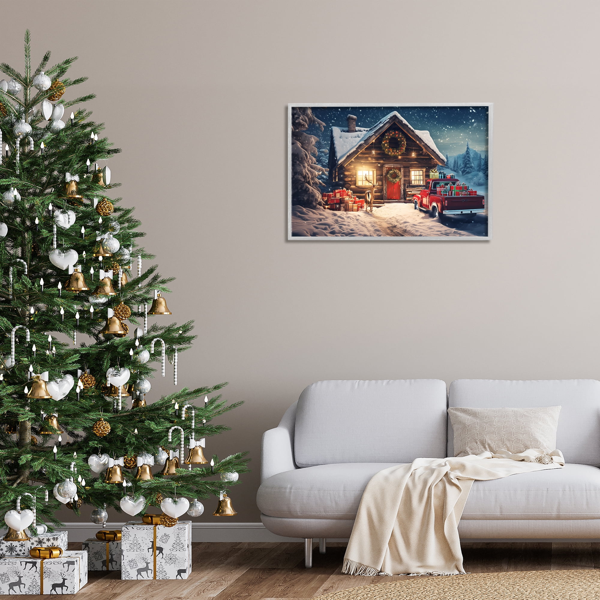 Stupell Industries Woodsy Holiday Cabin Holiday Painting Gray Framed Art Prints Wall Art, 30 x 20
