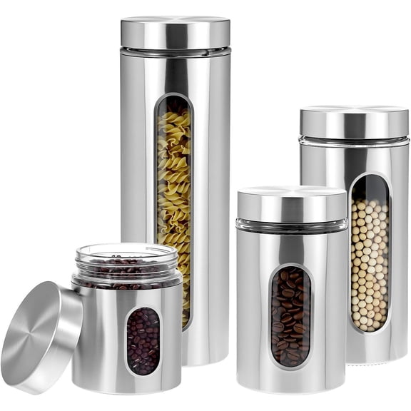 4 count Stainless Steel Canister Set with Airtight and Glass Window - Storage Containers for Kitchen Counter & Pantry Organization