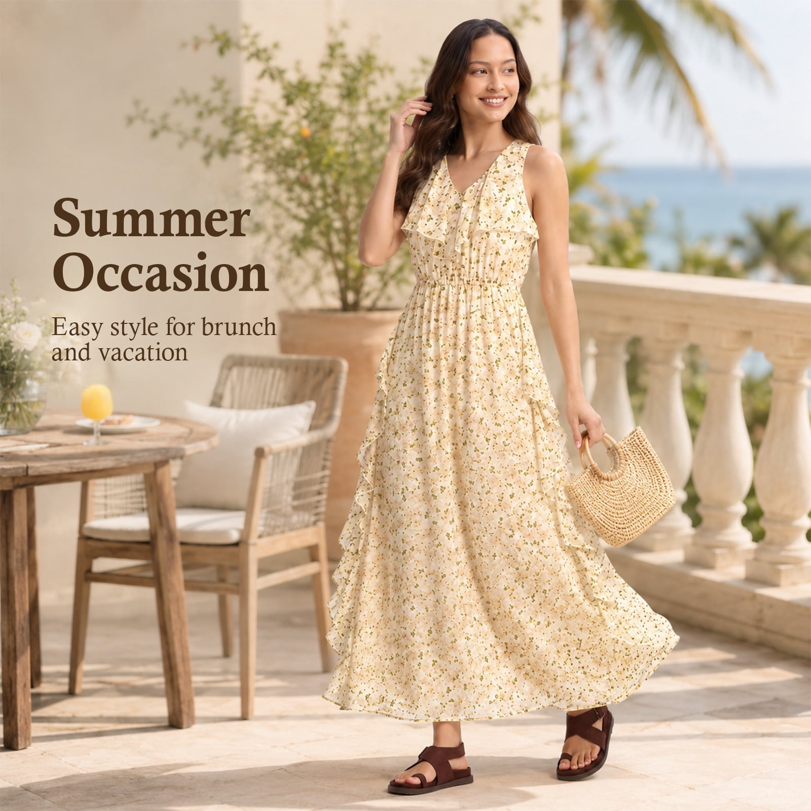 Alvantor Summer Maxi Dresses for Women, Sleeveless Ruffle V-Neck Floral Poly Chiffon, Ivory Multi