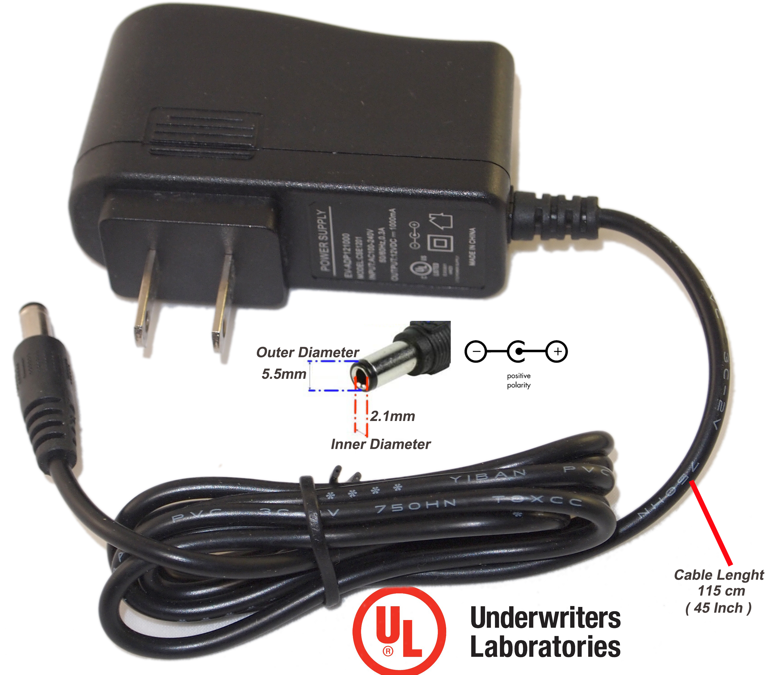 Evertech 10pcs 12V DC 1A Power Supply Adaper 1000mA  Slim Design Wall Charger US Plug DC Connector 5.5 x 2.5mm
