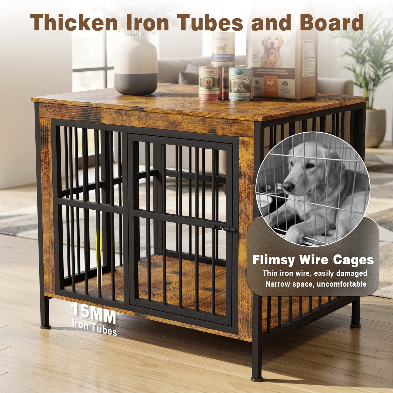 TIME RAY 39 Inch Dog Crate Furniture for Large Dog,Wood Dog Kennel Furniture Indoor with Removable Divider,Dog Cage Furniture as TV Stand,Brown