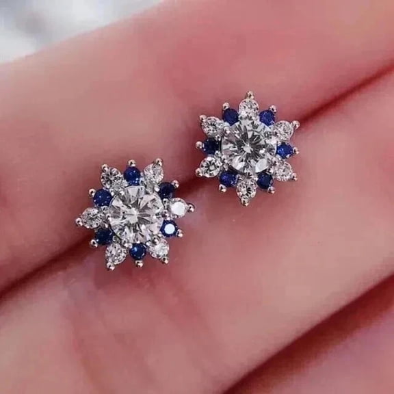 Flower Shape Stud Earrings 3CT Round Cut Blue Sapphire & Diamond Stud Earrings 14K White Gold Finish Silver