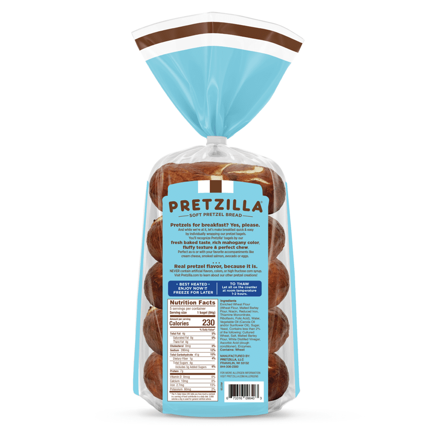 Pretzilla Soft Pretzel Bagels, Individually Wrapped, Vegan, Non-GMO, 14.4oz, 5 Count