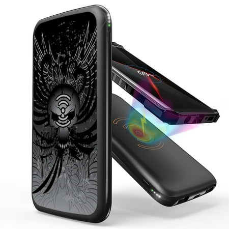 

INFUZE Qi Wireless Portable Charger for Samsung Galaxy S21 FE External Battery (10000 mAh 18W Power Delivery USB-C/USB-A Ports) with Touch Tool - Skull Wings