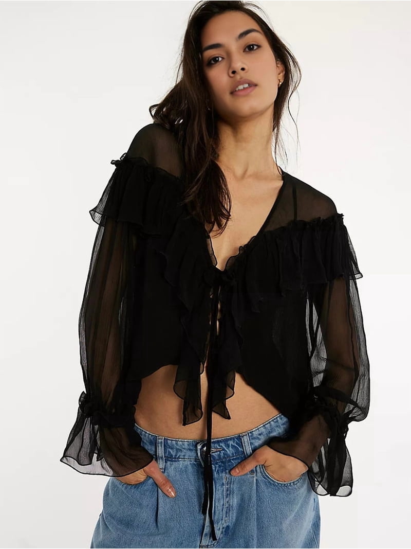 Women'S Flowy Front Tie Top Long Sleeve Peplum Lace Trim Chiffon