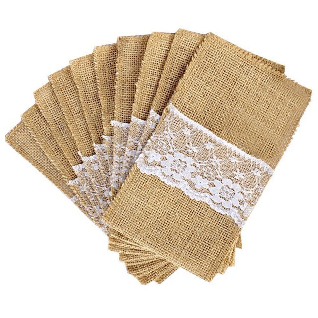 Utensilios de encaje de arpillera natural Cubiertos Bolsas Bolsas Cuchillos Tenedores Servilleta Cubiertos Titular Bolsa para boda rústica Fiesta Nupcial Ducha Decoraciones 50PCS Adepaton 2022016-1
