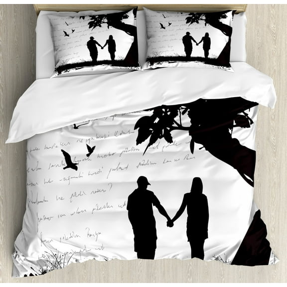 Girlfriend Queen Size Duvet Cover Set, Silhouette of a Couple in Love Holding Hands Under Tree Romance Theme, Decorative 3 Piece Bedding Set with 2 Pillow Shams, Black White and Grey, by Ambesonne