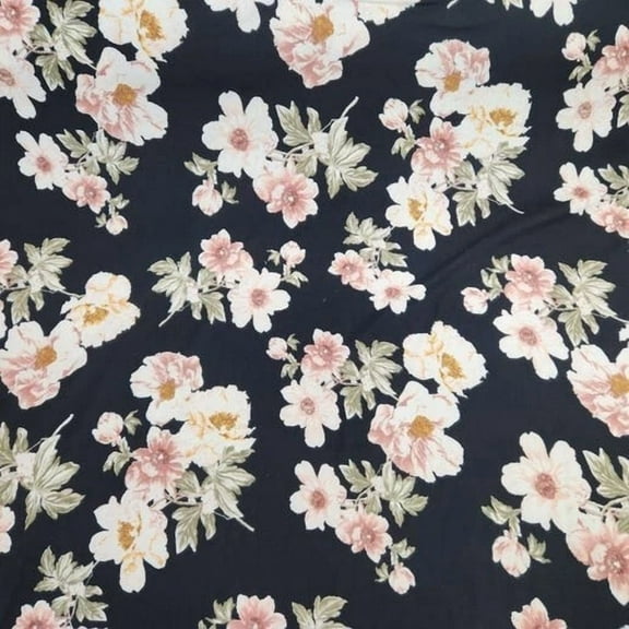 Brushed Ity Pink Floral Print On Black 60" Fashion Fabric By The Yard