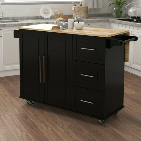 LiviNest Kitchen Island with Extensible Table Top & Storage: Mobile Workstation with Solid Wood Top & Locking Wheels - 3 Drawers Cabinet & Side Racks for Small Apartments & Home Office Use