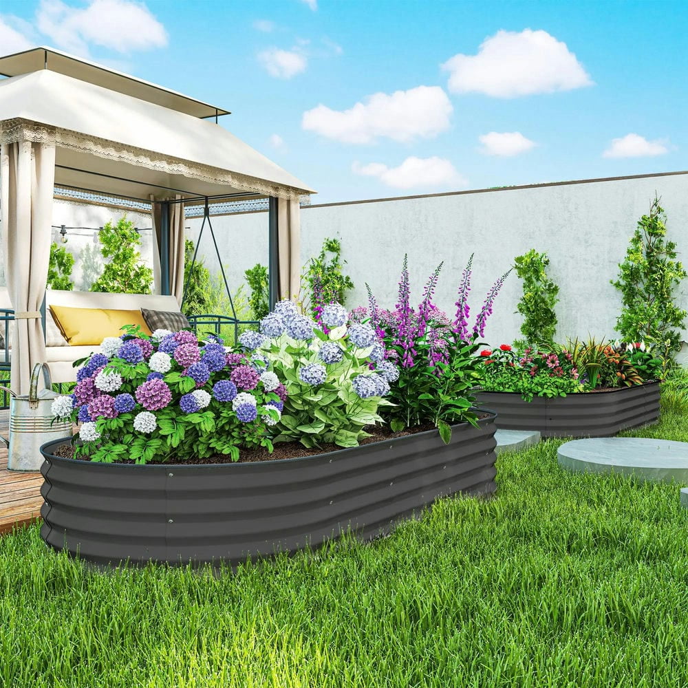 Spaco 7' x 3' x 1' Raised Garden Bed Set, 2-Piece Raised Beds for Gardening with Metal Plant Stakes, Dark Gray