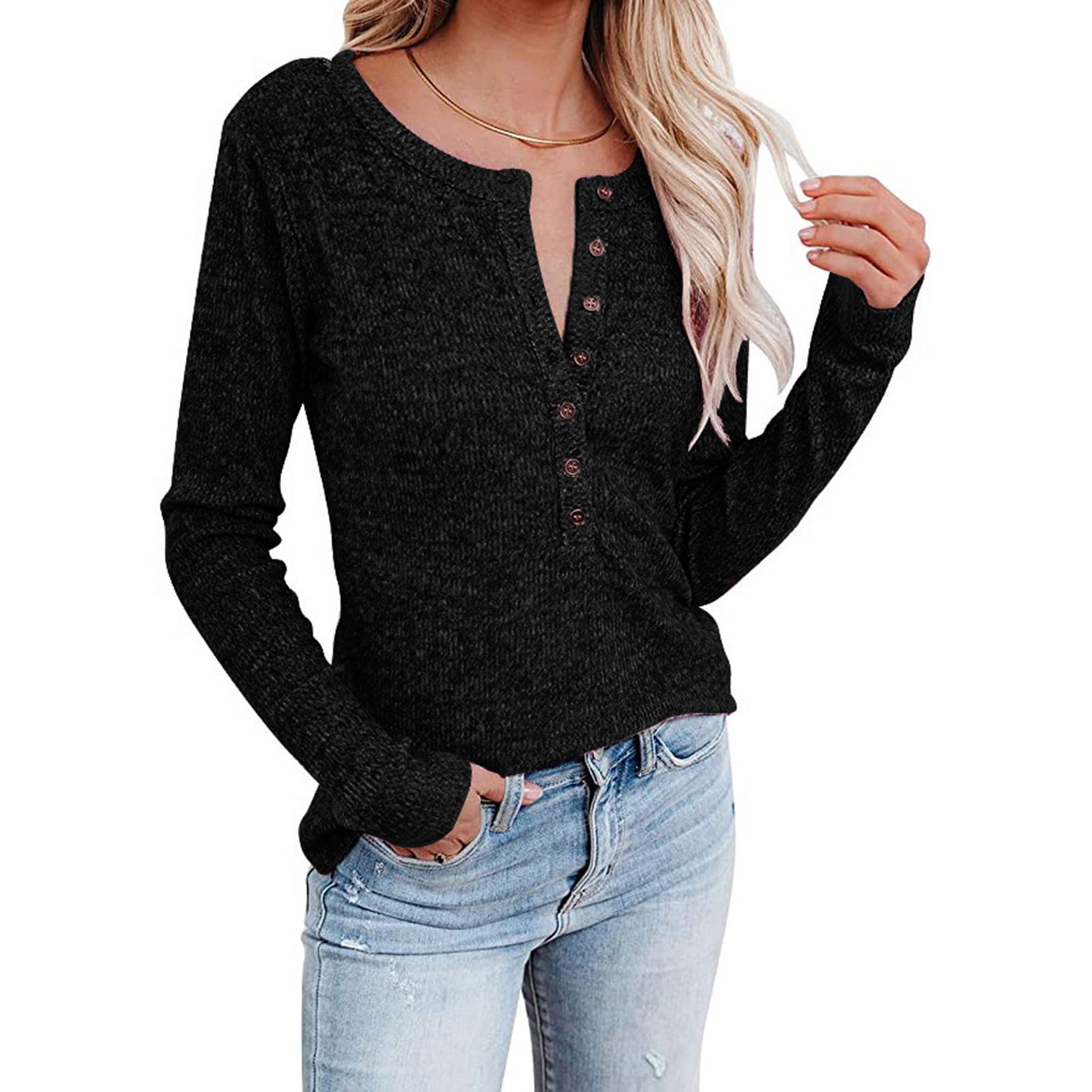 Womens V Neck Long Sleeve Shirt Ribbed Button Down Blouse Tops