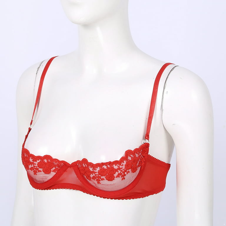 TiaoBug Women Floral Lace 1/4 Cup Underwired Bra Push Up Bralette Lingerie  Red L 