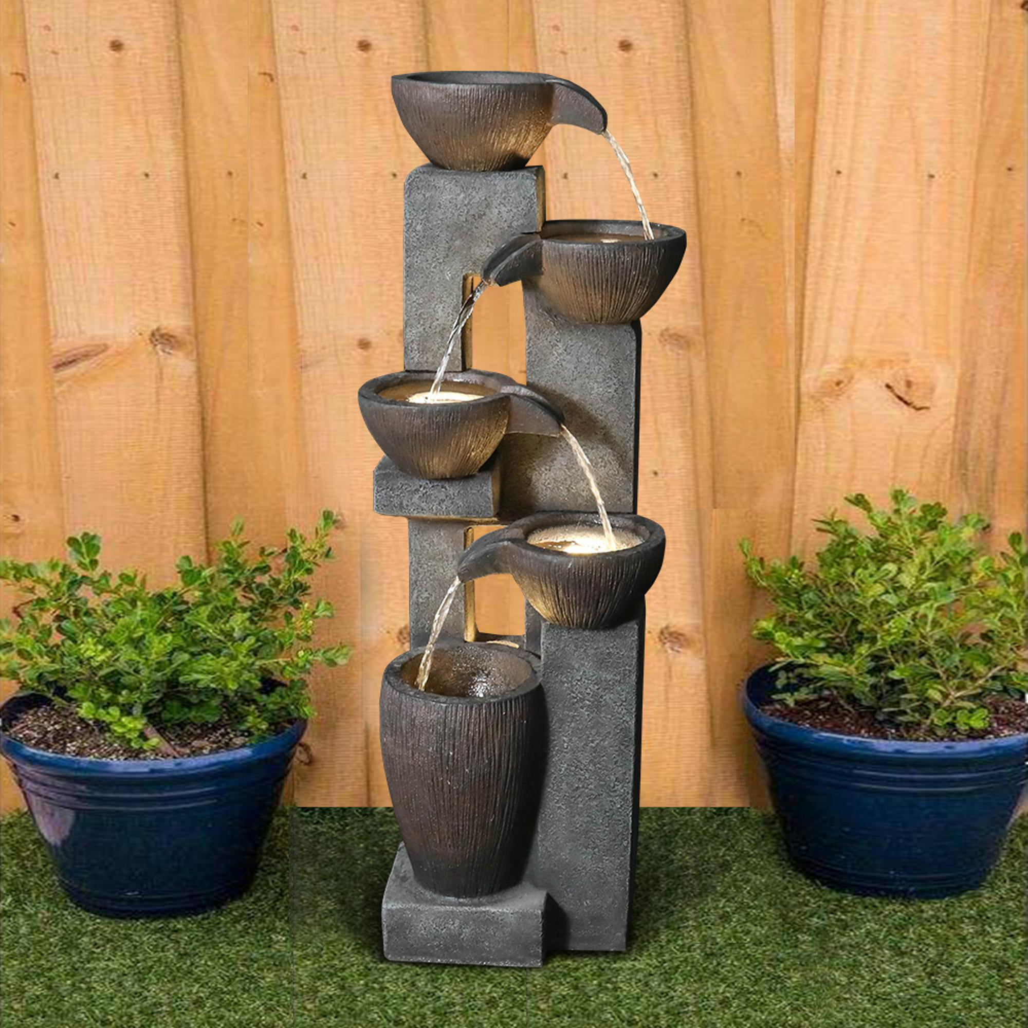 Fountains 5-Tier Modern Rustic Indoor & Outdoor Fountain, Dark Brown Finish with LED Lights | Resin | Tiered Waterfall