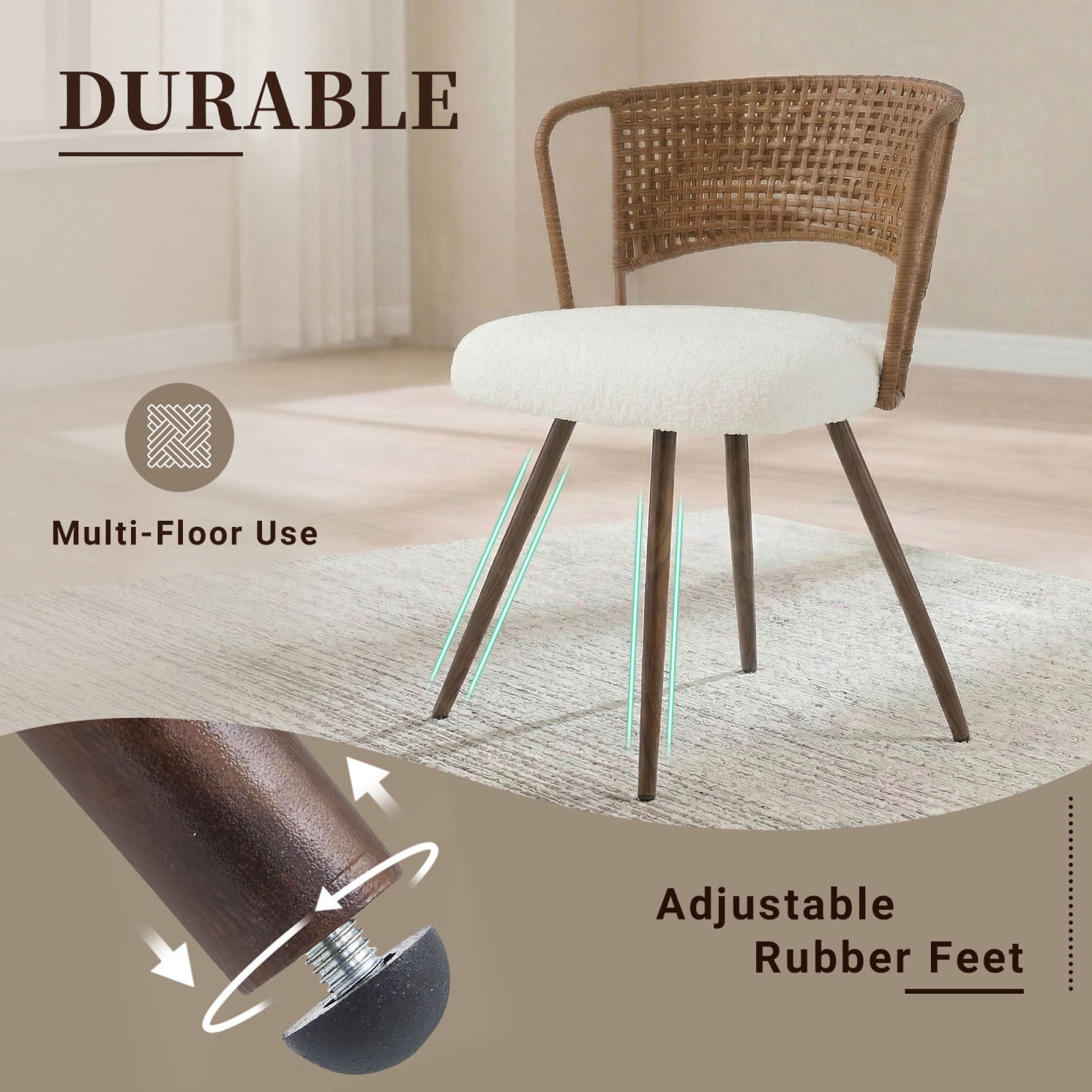 Leumius Set of 4 Wicker Dining Chairs, Farmhouse Soft Cushioned Cane Back Kitchen Chair, Sponge Cushion, Wing-Back Dining Chair with Metal Legs for Home and Kitchen (Dark Walnut)