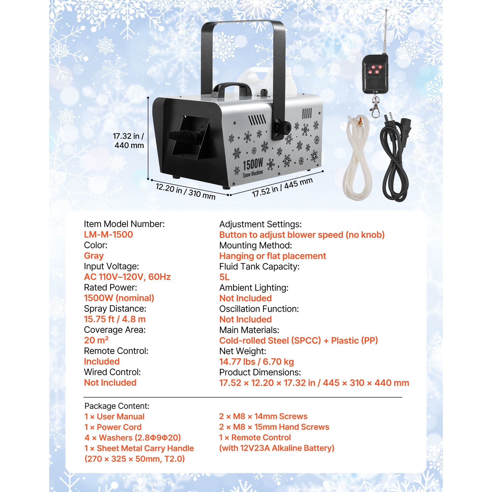Snow Machine, 1500W Handheld/Hanging Snow Maker By Wireless Remote Control, Portable Snowmaking Machine, High Output Snowflake Maker with 5L Tank for Christmas Party Wedding Stage Effects