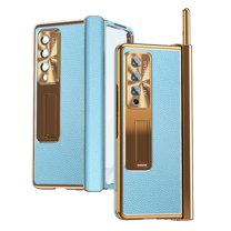 SaniMore Fit Samsung Galaxy Z Fold 3 Case Hinge Protection, Z Fold 3 Electroplate PC Hybrid Leather Case with S Pen Holder Magnetic Kickstand & Screen Protector All-Inclusive Case - Gold/Blue