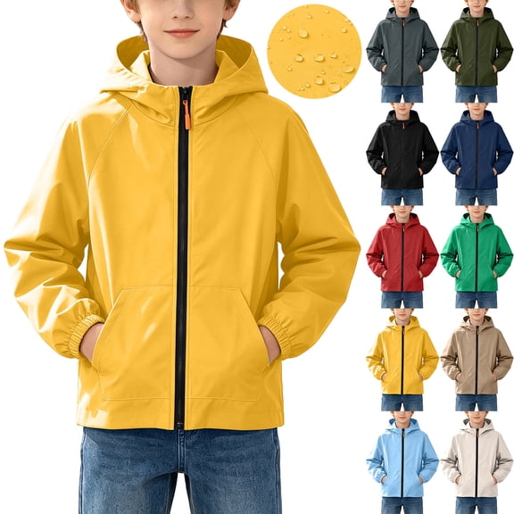 Ultrave Boys Waterproof Hooded Rain Jacket Lightweight Full Zip Windproof Raincoat for Outdoor Fall Winter 4-15Y