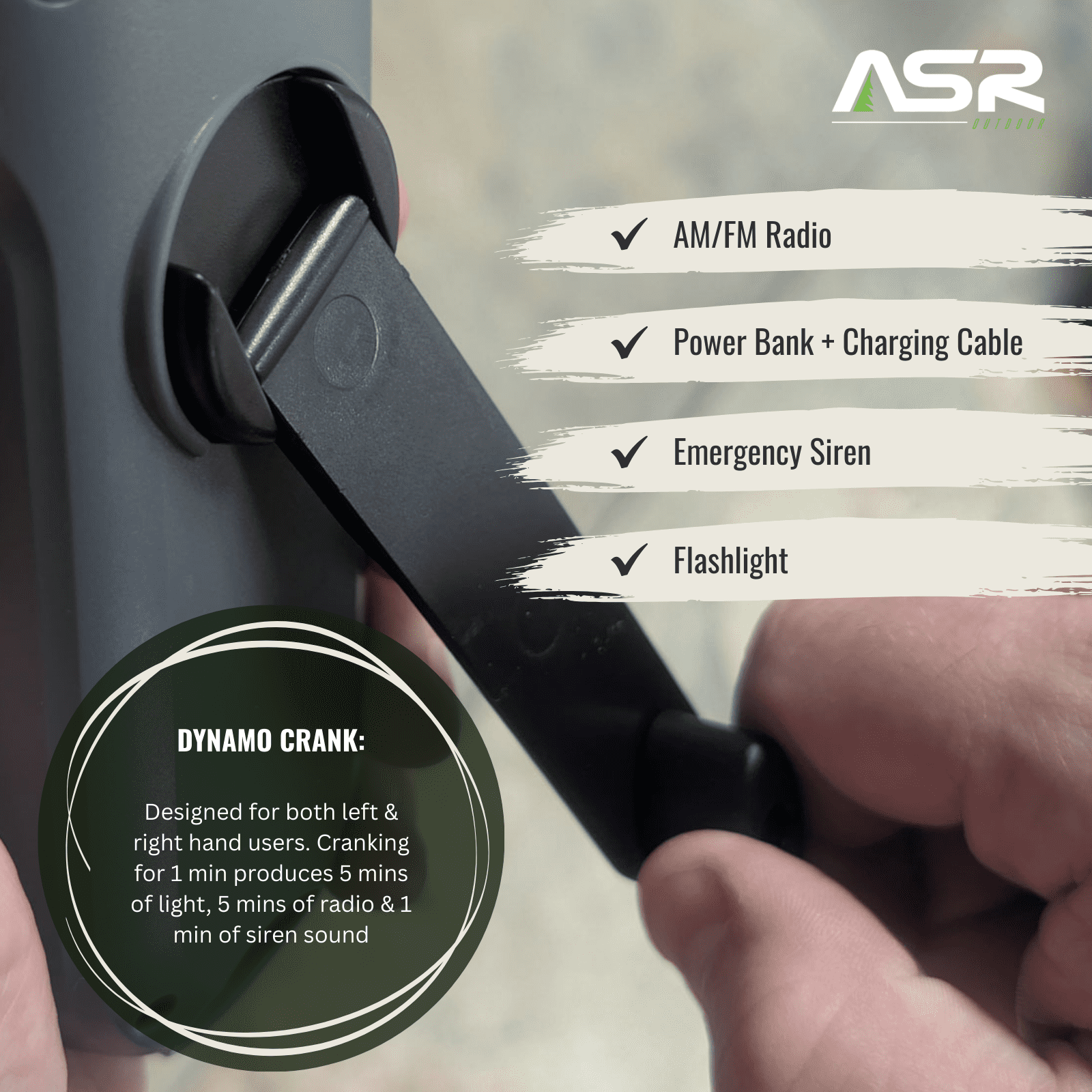 ASR Outdoor 4 in 1 Hand Crank Emergency AM/FM Weather Radio with Flashlight, Power Bank, Alarm Siren for Camping Gear Survival Kits