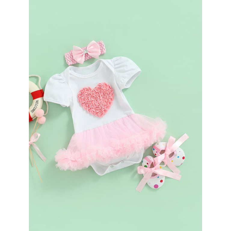 Baby Girls Valentine's Day/Easter Romper Summer Short Sleeve Heart/Rabbit  Printed Ruffled Bodysuit+Printed Shoes+Bow Headband Set 