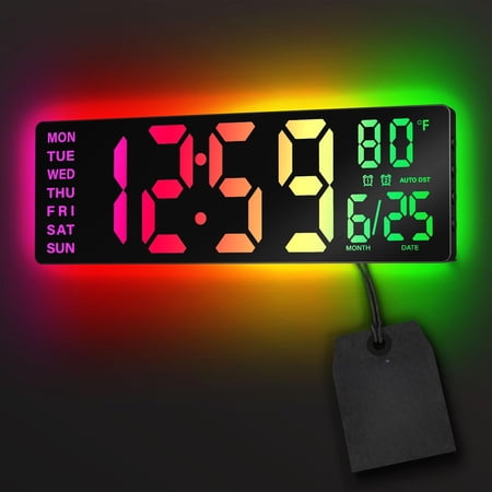 16.5 Inch Digital Wall Clock BT Sync RGB Lights Remote Dual Alarms Big LED Display Auto DST Temperature