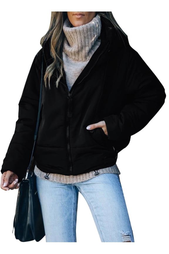 Full Zipper Puffer Jacket for Women Cropped Hooded Puffer Coat Winter Warm with Pockets Petite