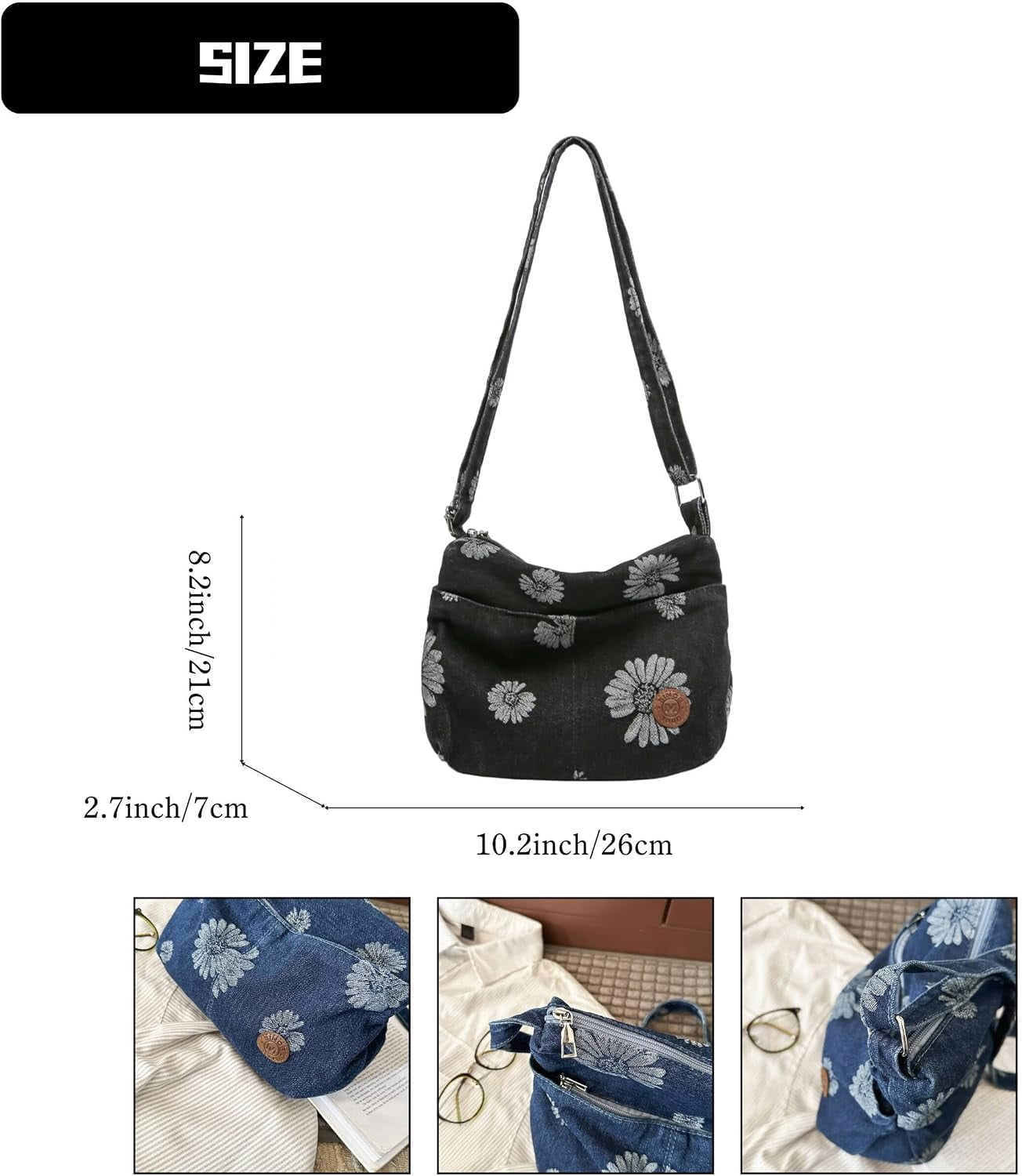 Sunyuer Women Vintage Floral Daisy Denim Crossbody Bag, Casual Lightweight Shoulder Handbag, Adjustable Strap Small Hobo Purse, Fashion Daily Commuter Messenger Bag for Shopping Travel