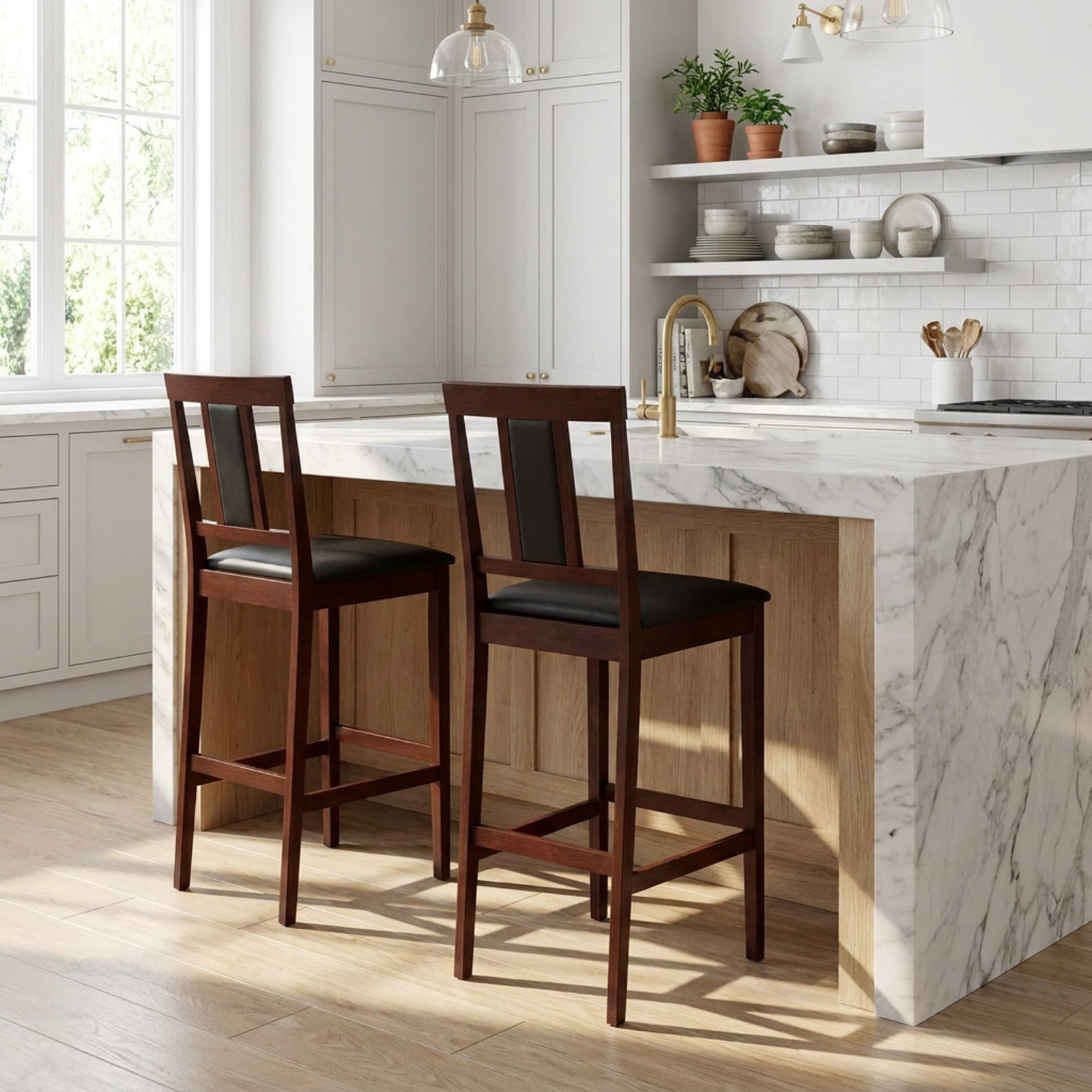 Furnibear Set of 2 Upholstered Barstool 29.5 Inch Bar Height with Solid Rubber Wood Frame for Kitchen Island Counter Bar Pub Dining Home, Walnut