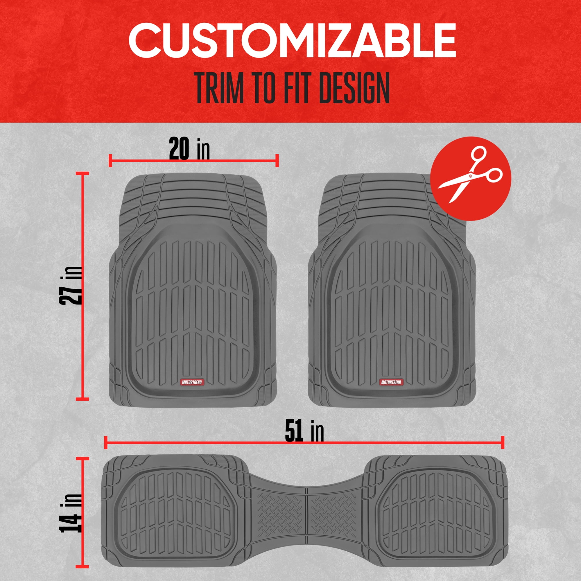 Motor Trend Original FlexTough Gray Rubber Car Floor Mats for 3 Row Vehicles, Front & Rear 2nd Row Deep Dish All Weather Automotive Heavy Duty Trim to Fit, Automotive Liners for Cars Truck Van SUV